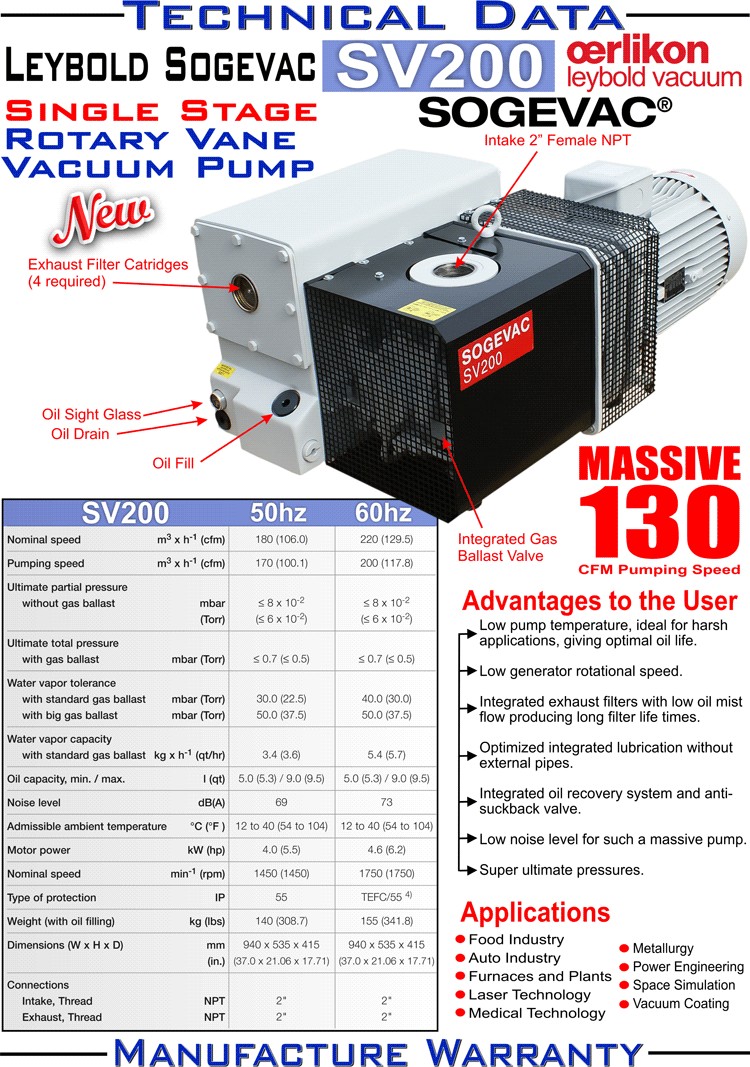 Thông số kỹ thuật LEYBOLD SOGEVAC SV200