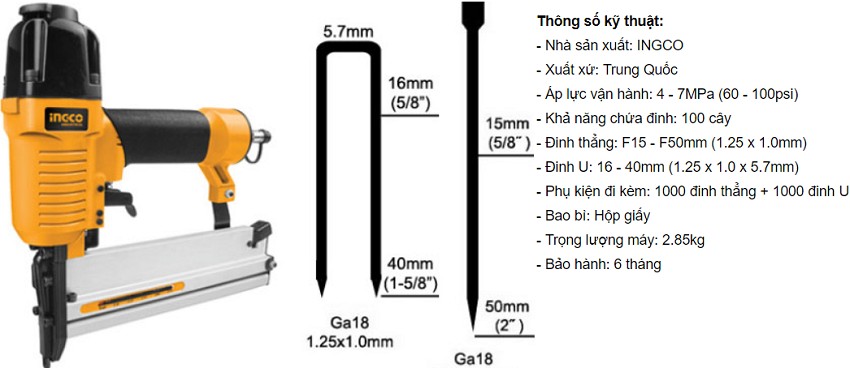 Máy bắn đinh khí nén 4 - 7MPa INGCO ACN50401 1