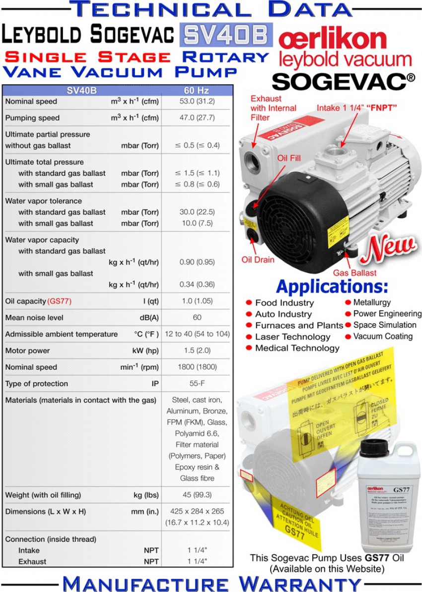 Thông số kỹ thuật bơm hút chân không LEYBOLD SOGEVAC SV40B