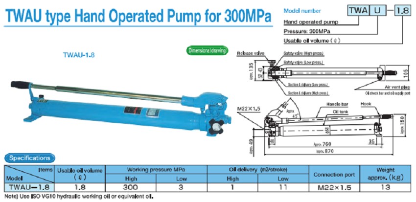 Bơm tay thủy lực 1.8 lít, 3000 bar OSAKA TWAU-1.8 1