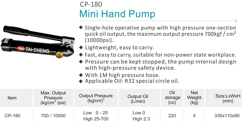 Bơm tay thủy lực 1 chiều 0.22 lít TAC CP-180 1