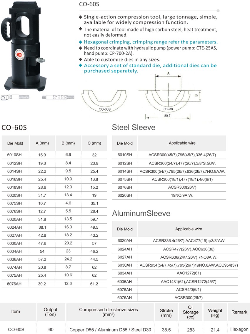 Đầu bấm cos thủy lực 1 chiều TAC CO-60S kèm 1 cặp khuôn 1