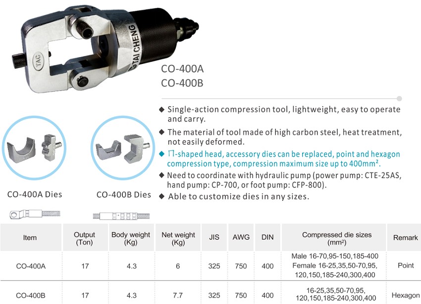 Đầu bấm cos thủy lực 16-400 mm2 TAC CO-400A 1