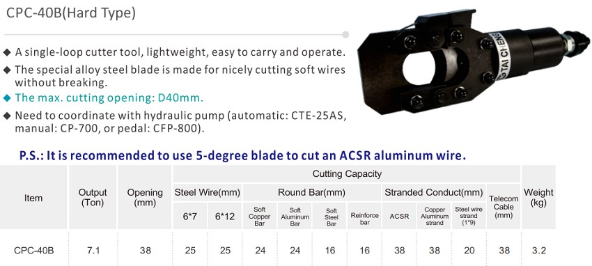 Đầu cắt cáp thủy lực 6 tấn 5 độ TAC CPC-40B 1