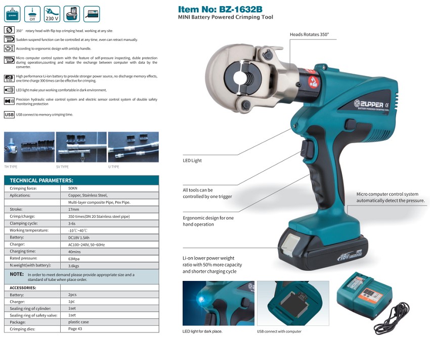 Dụng cụ bấm cos dùng pin Zupper BZ-1632B 0