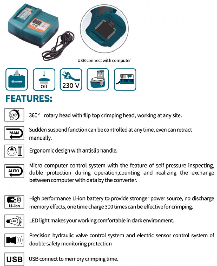 Kìm bấm cos thủy lực dùng pin Zupper BZ-240 1