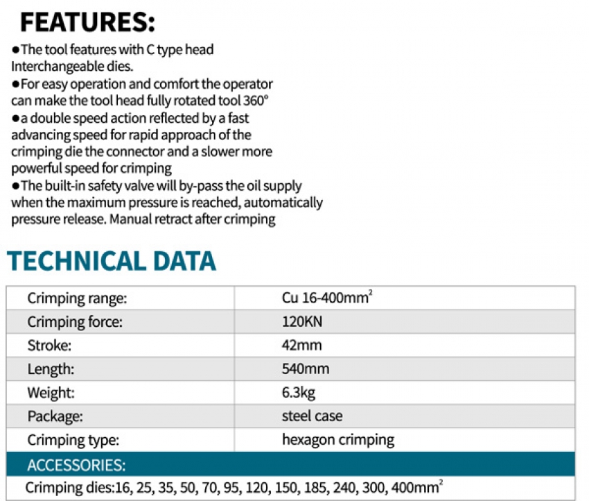 Kìm bấm cos thủy lực Zupper HZ-400 1