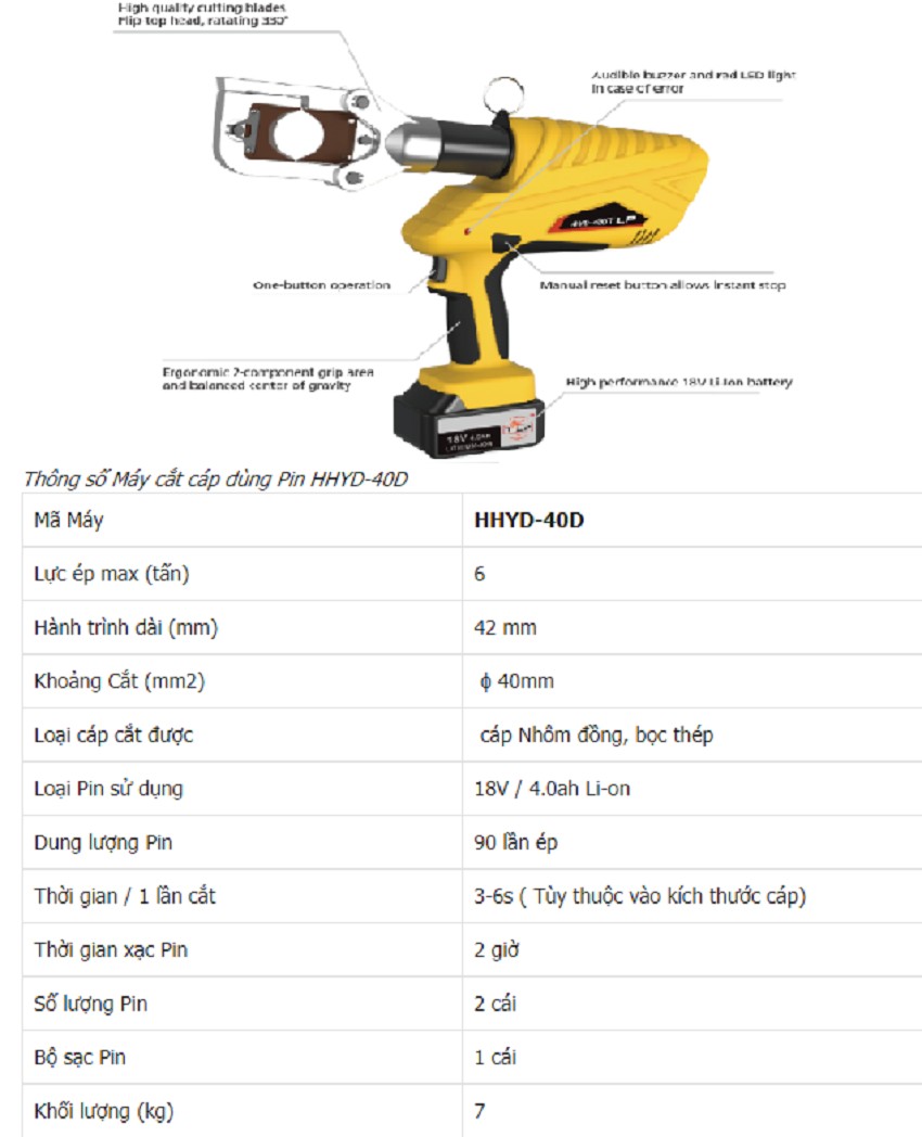 Kìm cắt cáp chạy pin 6.5 tấn max 40 mm TLP HHYD-40D 2