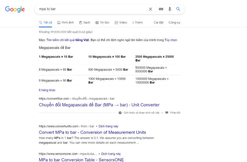 Chuyển đổi đơn vị MPa bằng search Google