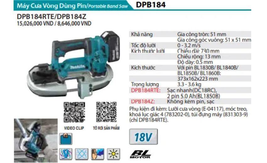 Thông số kĩ thuật máy cưa vòng dùng pin Makita DPB184Z