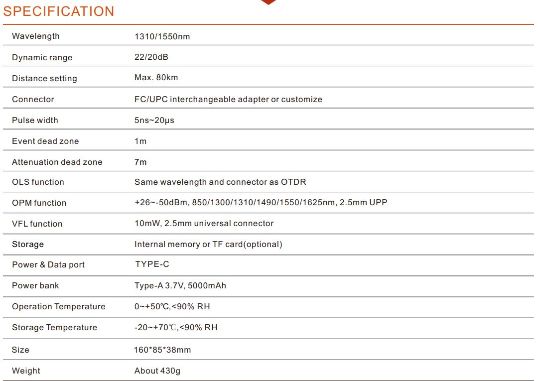 Thông số kỹ thuật máy đo OTDR TriBrer TB-700