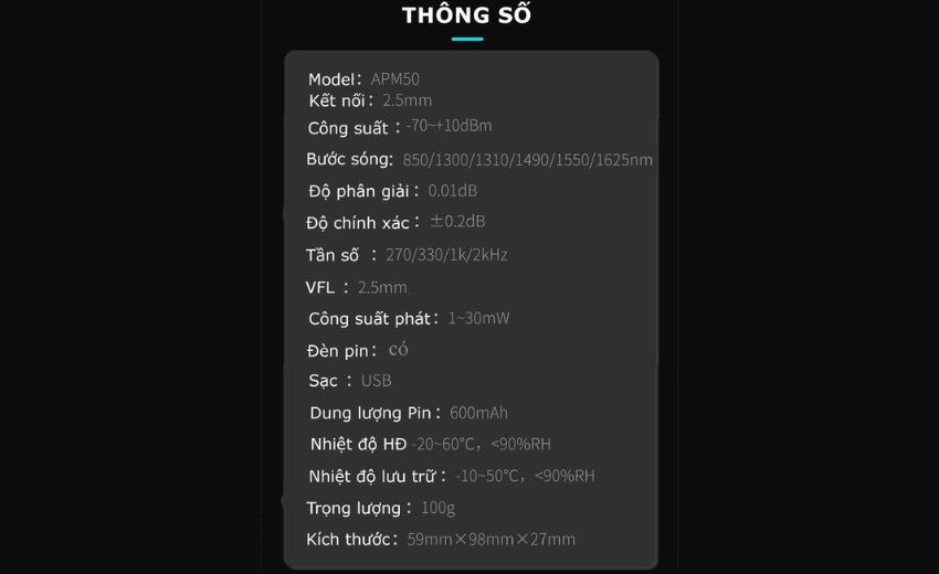 Thông số kĩ thuật máy đo công suất quang Tribrer APM50