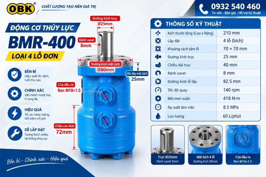 Thông số kỹ thuật Motor thủy lực BMR-400 - Mô-men 418 Nm, 140 vòng/phút