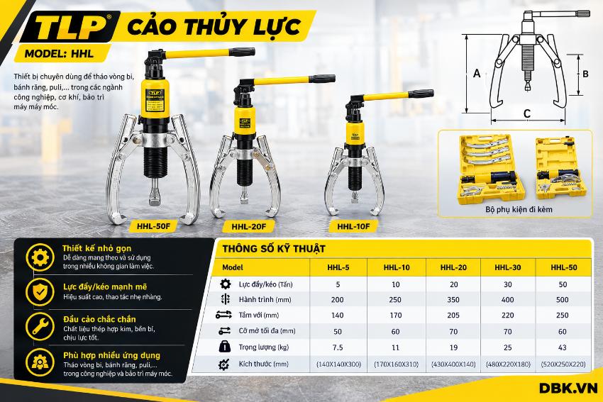 Thông số kỹ thuật Cảo thủy lực 20 tấn TLP HHL-20 (350 mm)