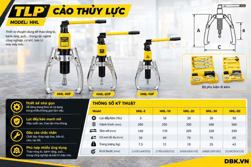 Thông số kỹ thuật Cảo thủy lực 50 tấn TLP HHL-50 (500 mm)