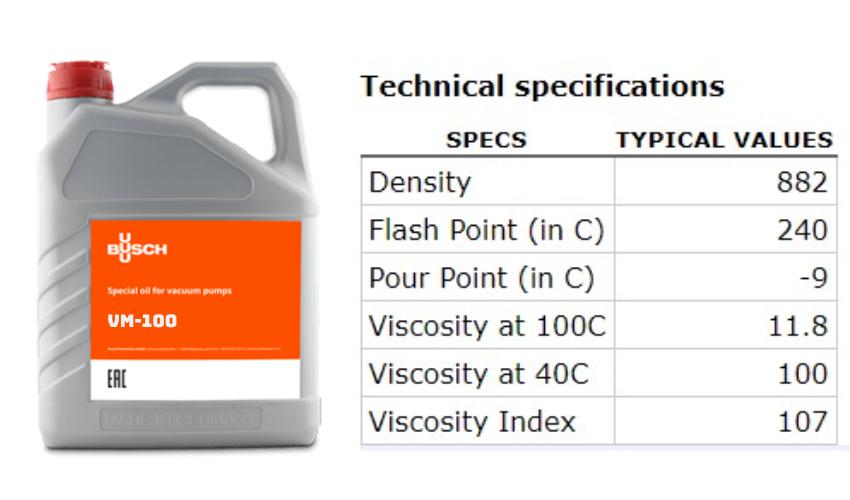 Thông số kỹ thuật dầu chân không Busch VM100