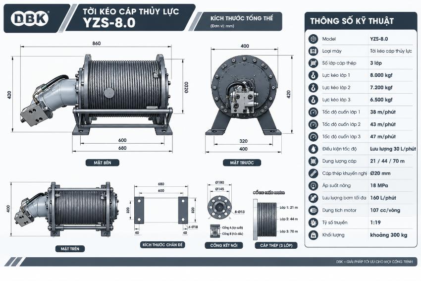 Thông số kỹ thuật tời kéo thủy lực YZS-8.0