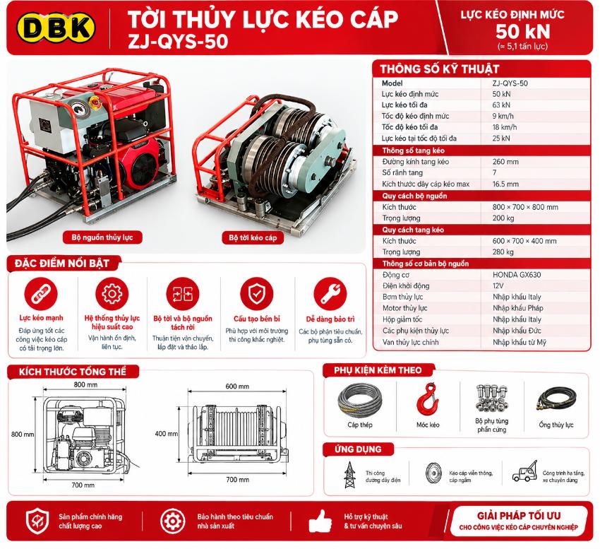 Thông số kỹ thuật tời kéo cáp thủy lực ZJ-QYS-50