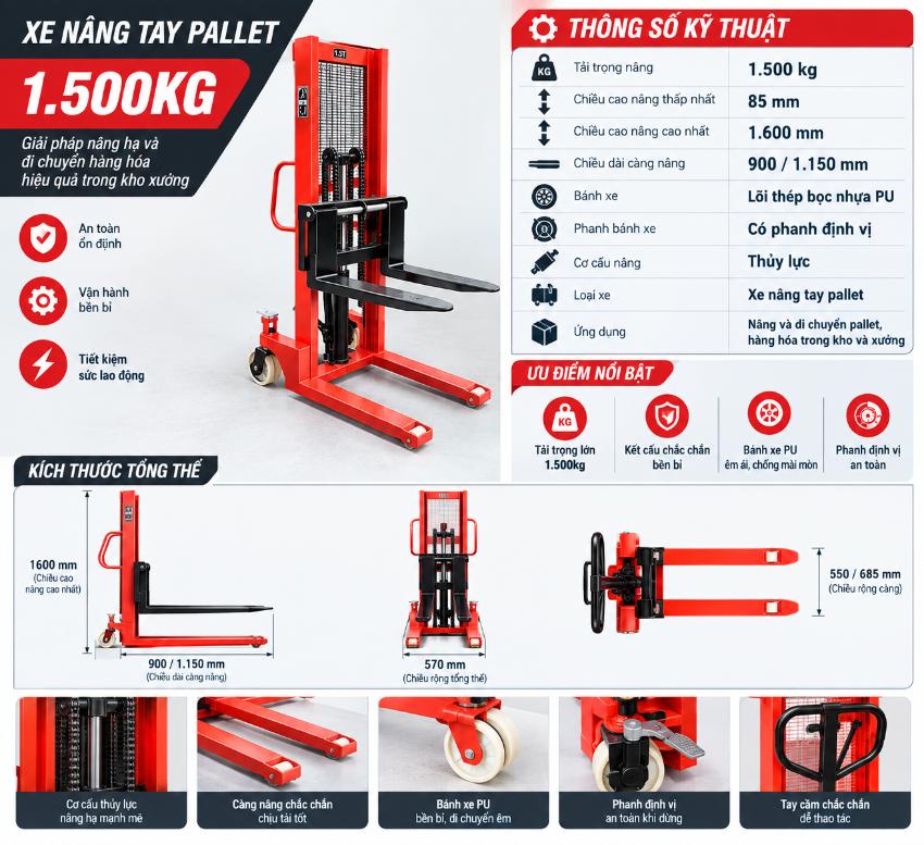 Thông số kỹ thuật xe nâng pallet tay 1.5 tấn