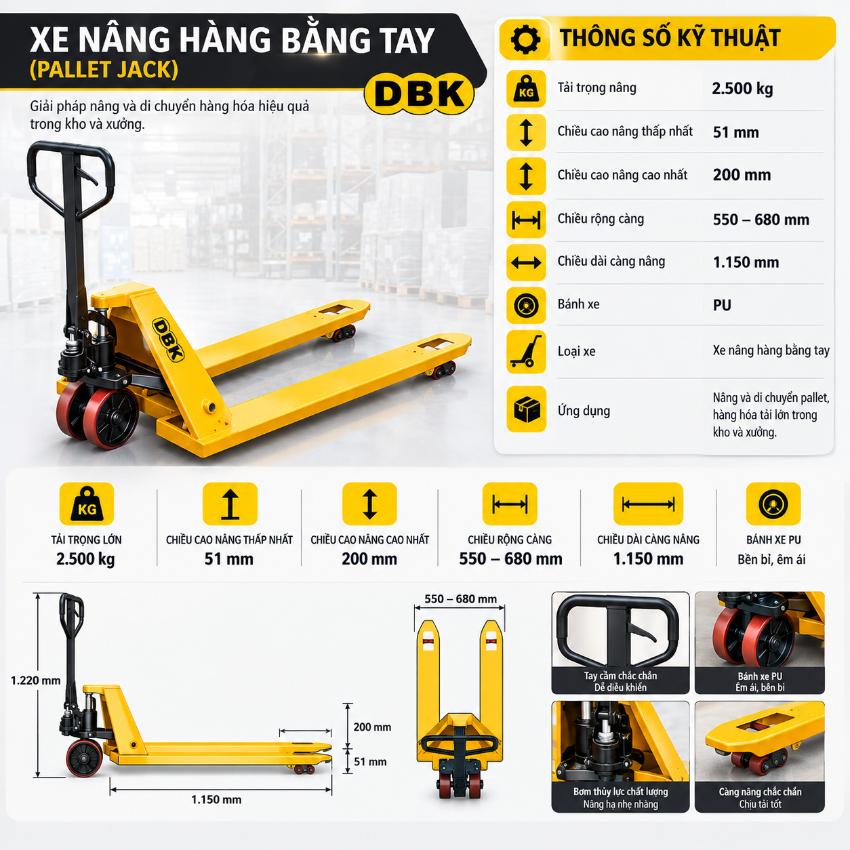 Thông số kỹ thuật xe nâng hàng bằng tay 2 tấn