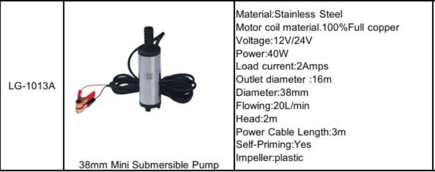 Thông số kỹ thuật máy bơm chìm mini 12V 38mm LG-1013A