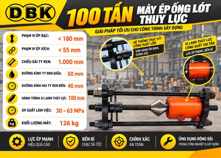 Thông số kỹ thuật Máy ép chốt xích thủy lực 100 tấn + ép bạc gầu (không gồm bơm)