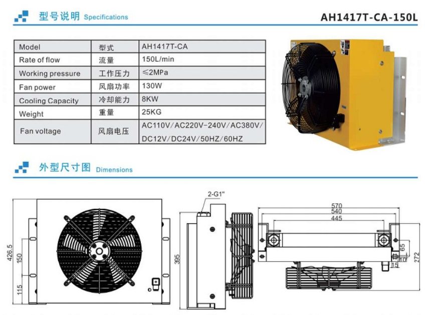 Thông số quạt làm mát dầu thủy lực AH1417T-CA, 150L/phút