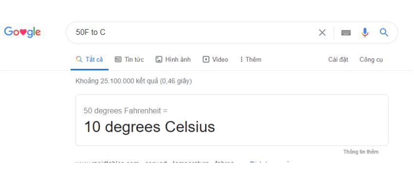 Sử dụng công cụ hỗ trợ của Google để chuyển độ C và F
