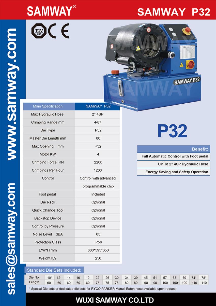 Thông số kỹ thuật máy bấm ống thủy lực P32Q Samway