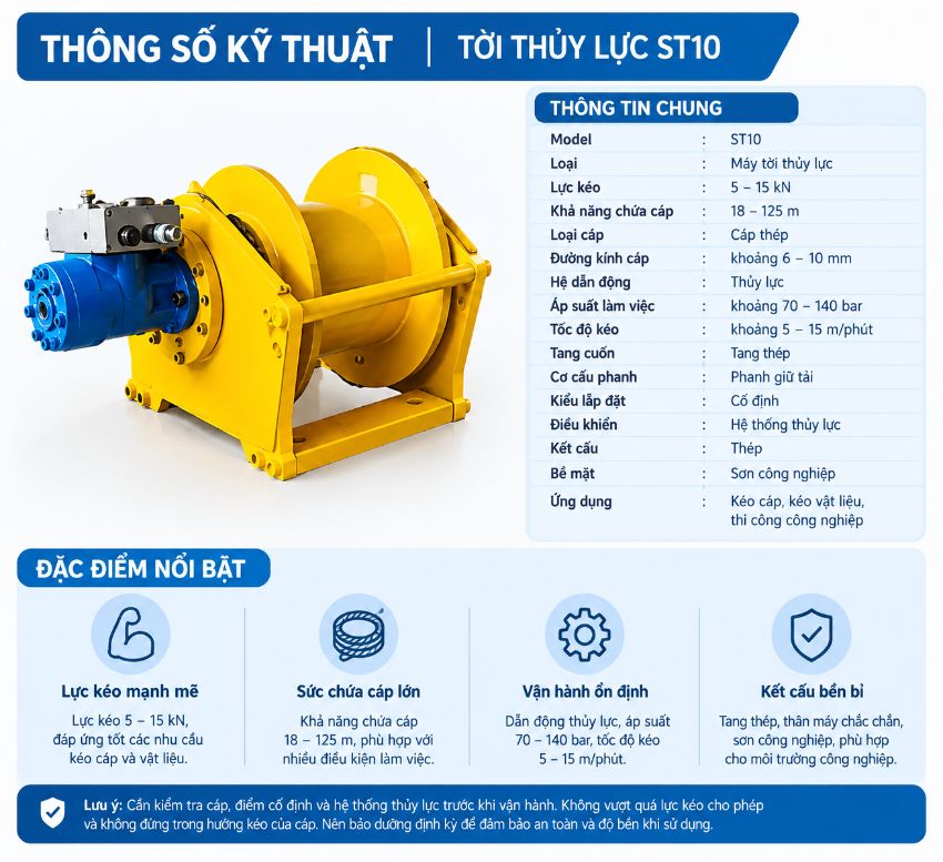 Thông số kỹ thuật tời thủy lực ST10
