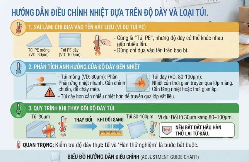 Độ dày túi ảnh hưởng rất rõ đến nhiệt hàn