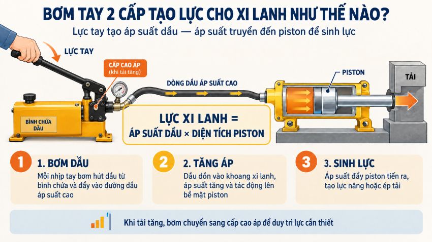 Bơm tay thủy lực 2 cấp tạo lực cho xi lanh như thế nào?