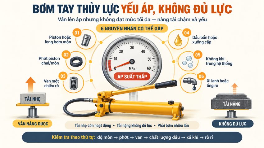 Bơm tay thủy lực yếu áp, không đủ lực