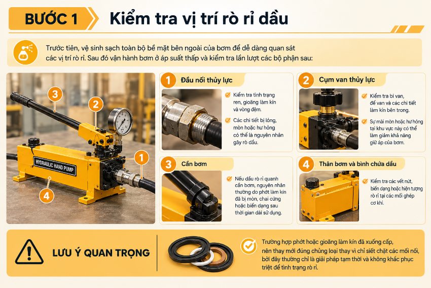 Bước 1: Kiểm tra vị trí rò rỉ dầu