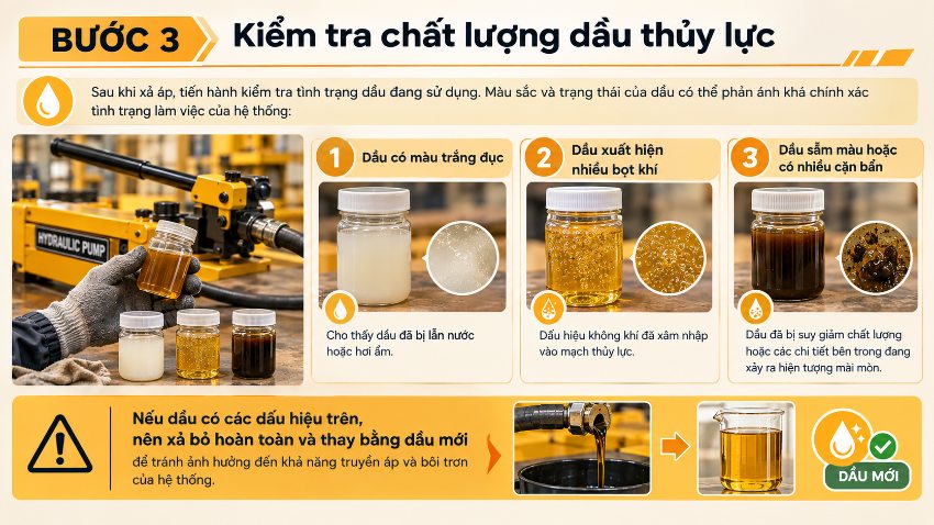 Bước 3: Kiểm tra chất lượng dầu thủy lực