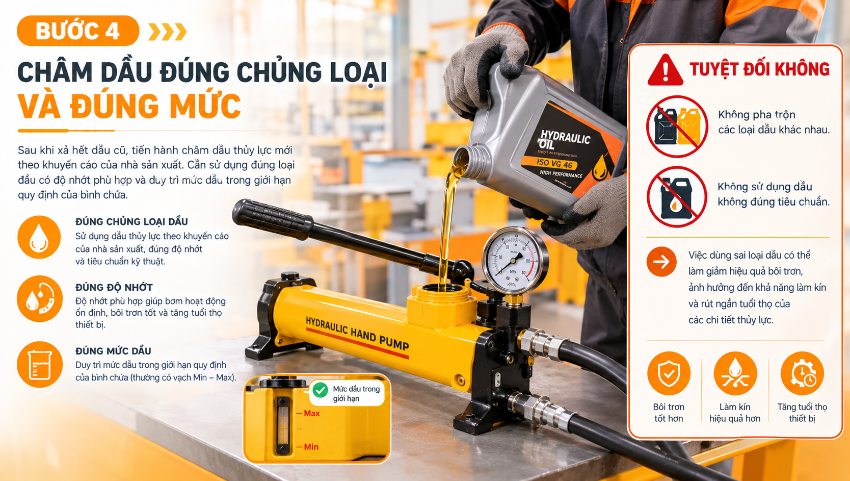 Bước 4: Châm dầu đúng chủng loại và đúng mức
