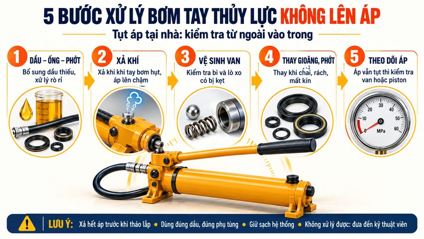 Các bước khắc phục bơm tay thủy lực không lên áp, tụt áp tại nhà