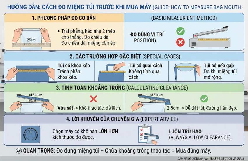 Cách đo miệng túi trước khi mua máy