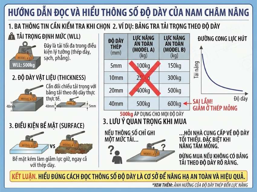 Cách đọc thông số độ dày của nam châm nâng