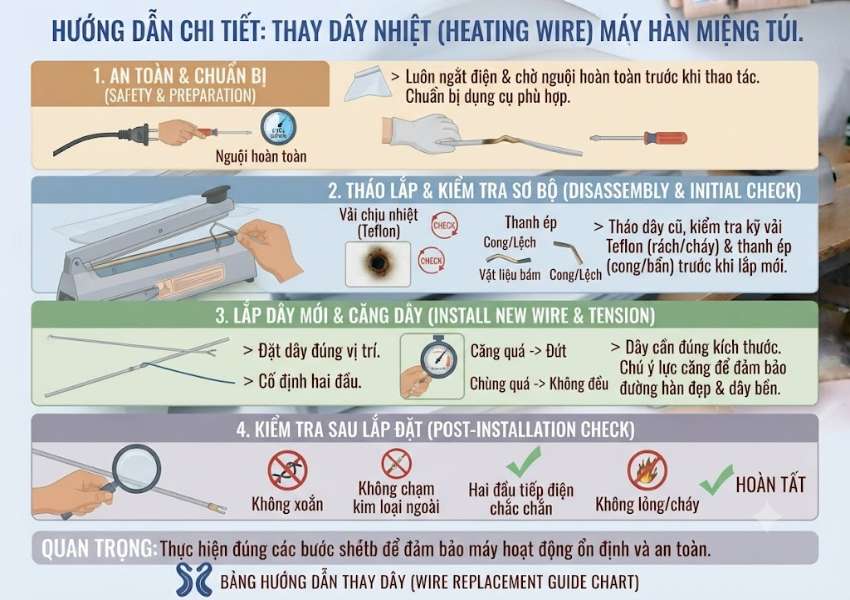 Cách thay dây nhiệt máy hàn miệng túi