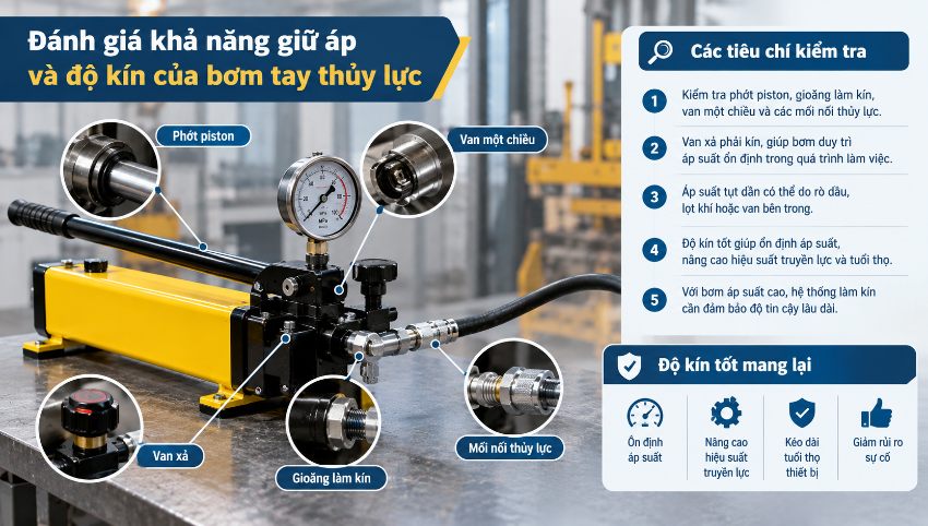 Đánh giá khả năng giữ áp và độ kín của bơm tay thủy lực