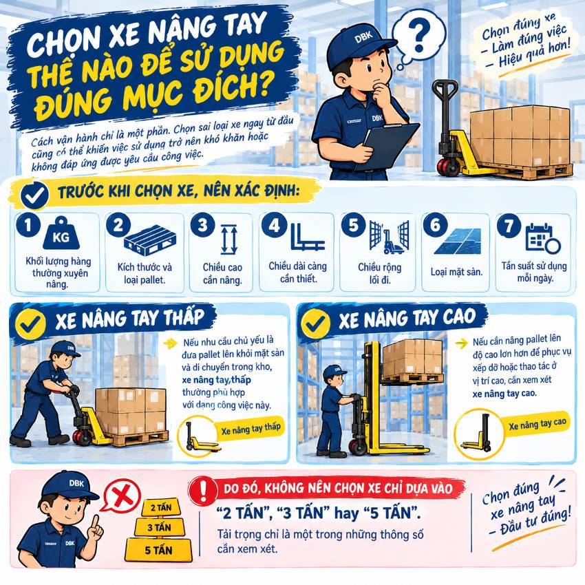 Chọn xe nâng tay thế nào để sử dụng đúng mục đích?
