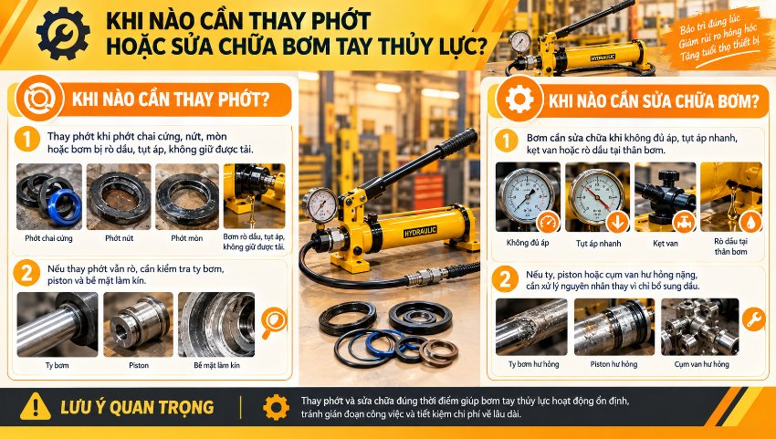 Khi nào cần thay phớt hoặc sửa chữa bơm tay thủy lực?