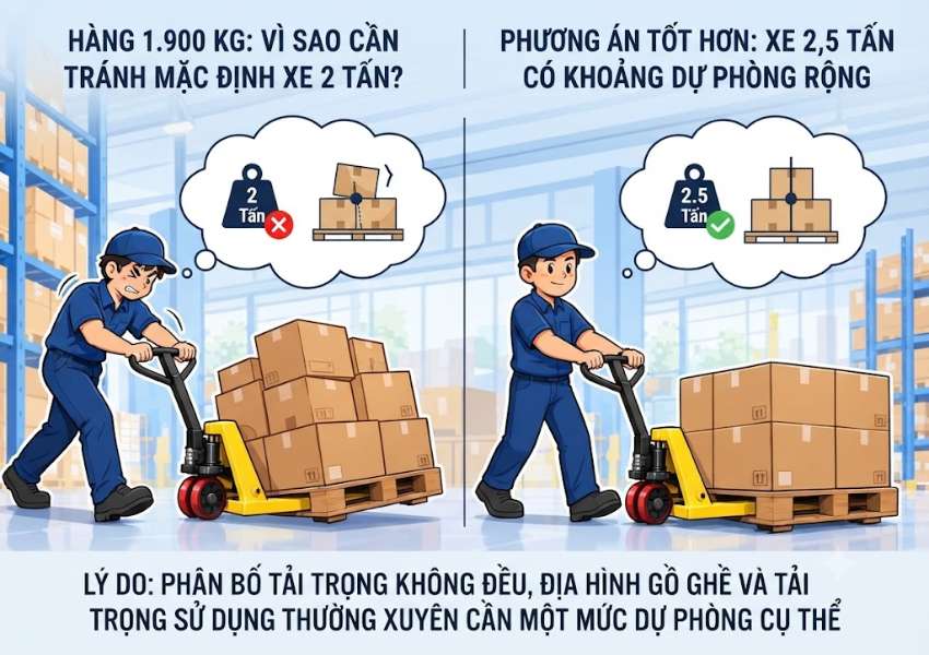 Vì sao hàng 1.900 kg không nên mặc định chọn xe 2 tấn