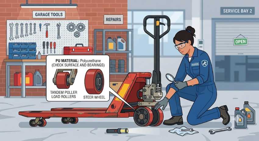 Kiểm tra bánh xe của xe nâng tay cũ