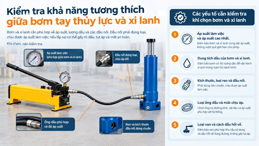 Kiểm tra khả năng tương thích giữa bơm tay thủy lực và xi lanh