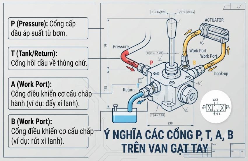 P, T, A, B trên van gạt tay có ý nghĩa gì