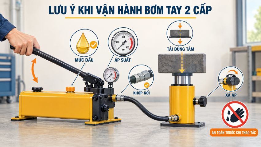 Lưu ý khi vận hành bơm tay thủy lực 2 cấp