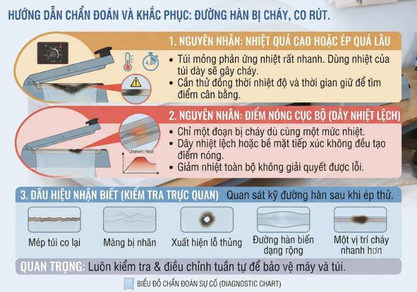 Máy hàn miệng túi bị cháy