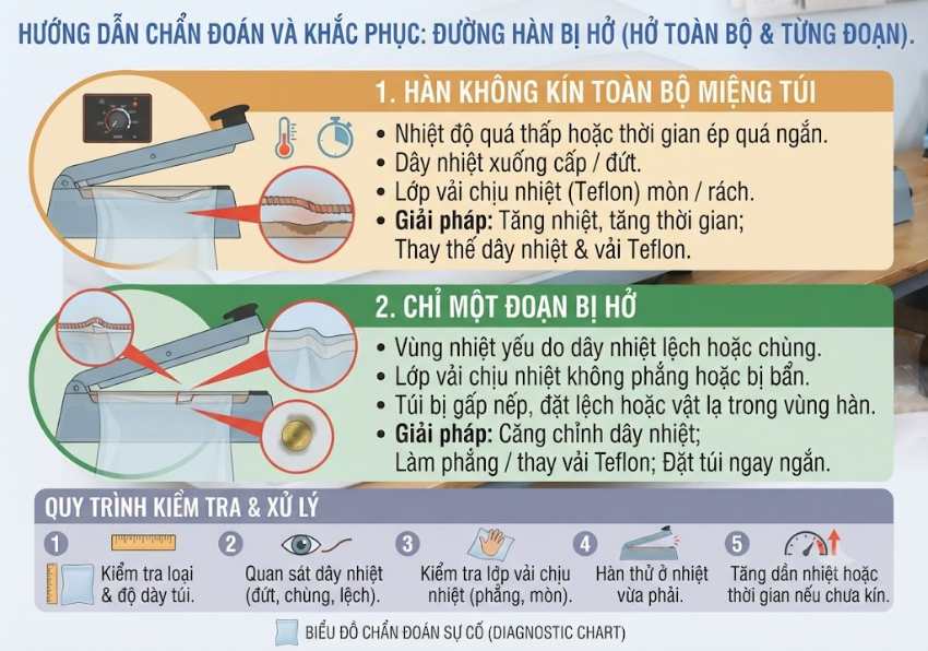 Máy hàn miệng túi bị hở